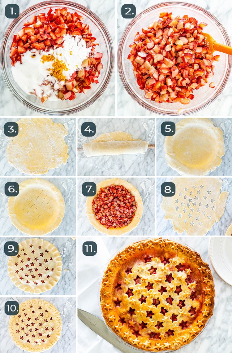 process shots showing how to make Strawberry Rhubarb Pie
