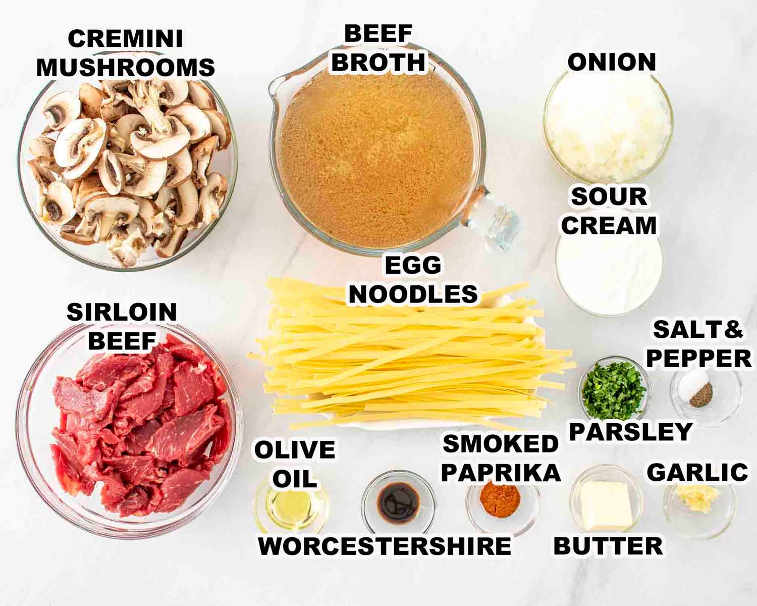 ingredients needed to make beef stroganoff soup.