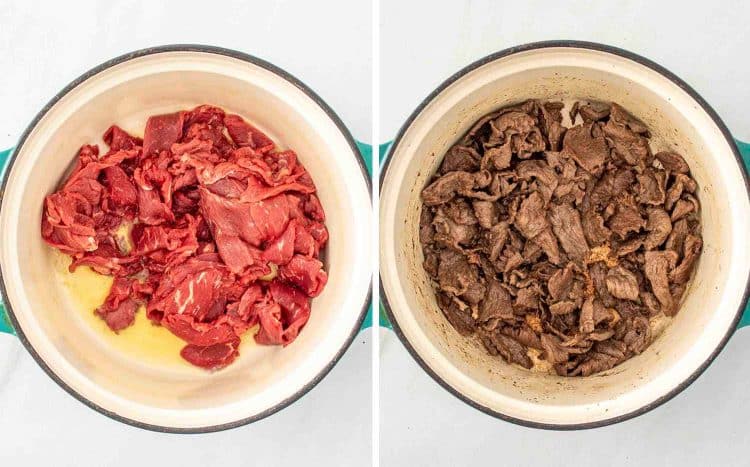 process shots showing how to make beef stroganoff soup.