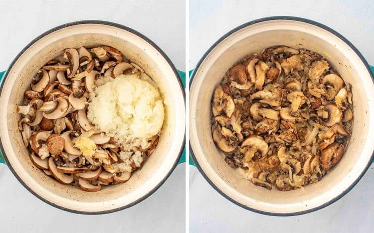 process shots showing how to make beef stroganoff soup.