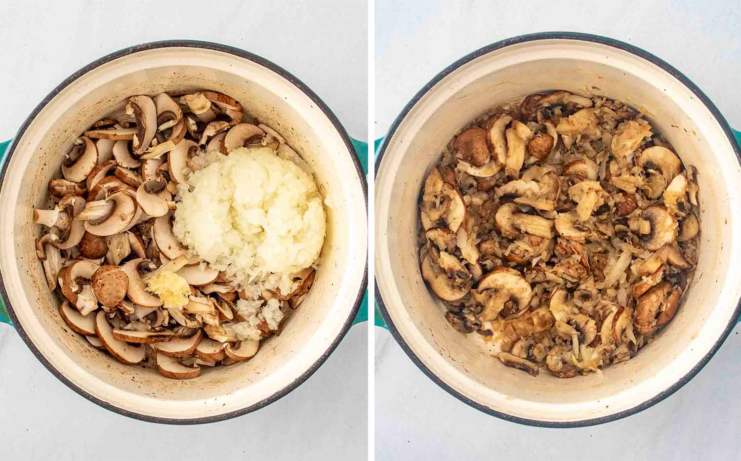 process shots showing how to make beef stroganoff soup.