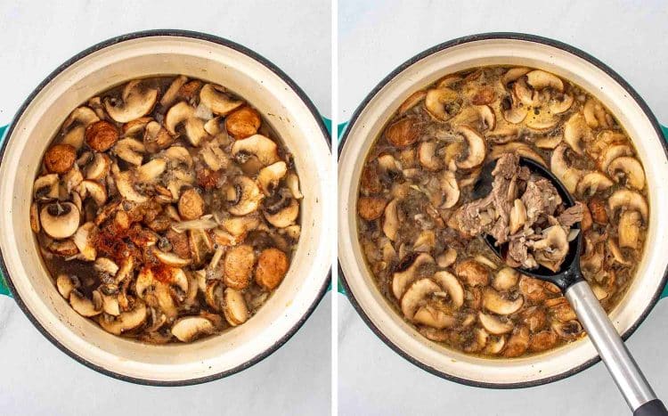 process shots showing how to make beef stroganoff soup.