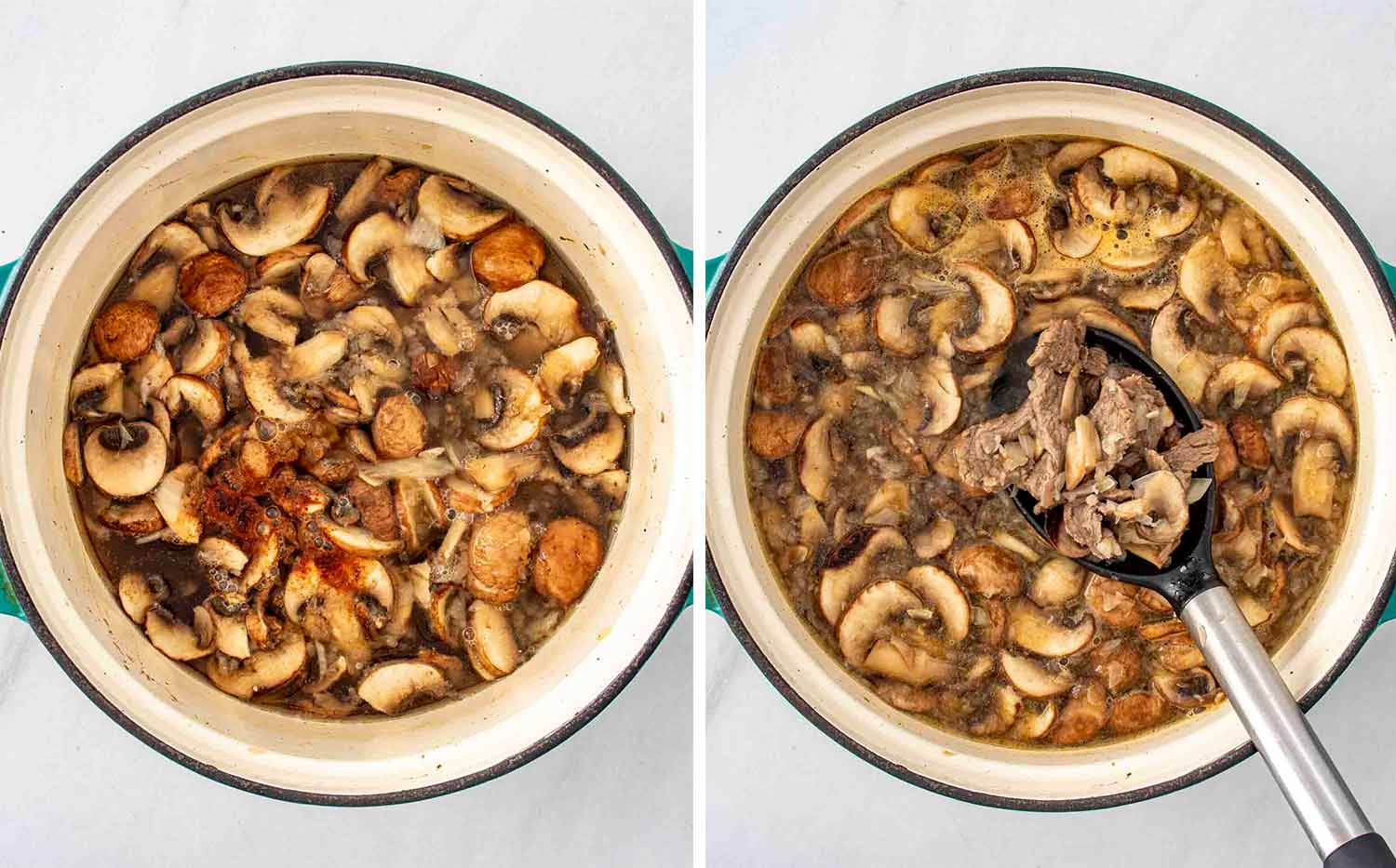 process shots showing how to make beef stroganoff soup.