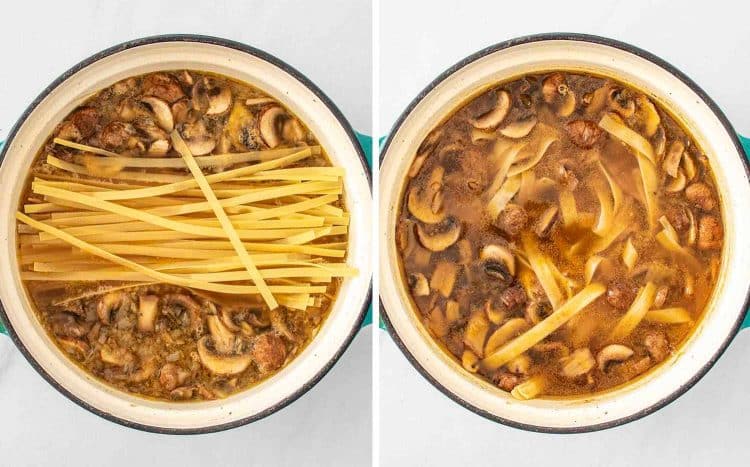 process shots showing how to make beef stroganoff soup.