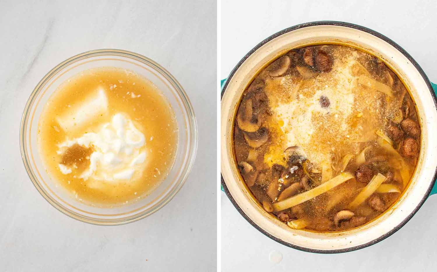 process shots showing how to make beef stroganoff soup.