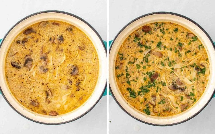 process shots showing how to make beef stroganoff soup.