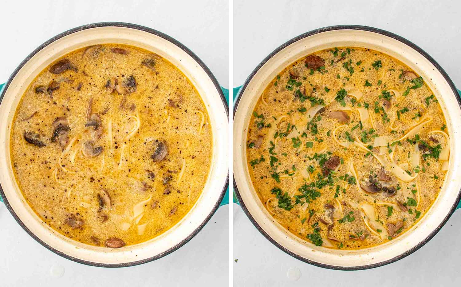 process shots showing how to make beef stroganoff soup.