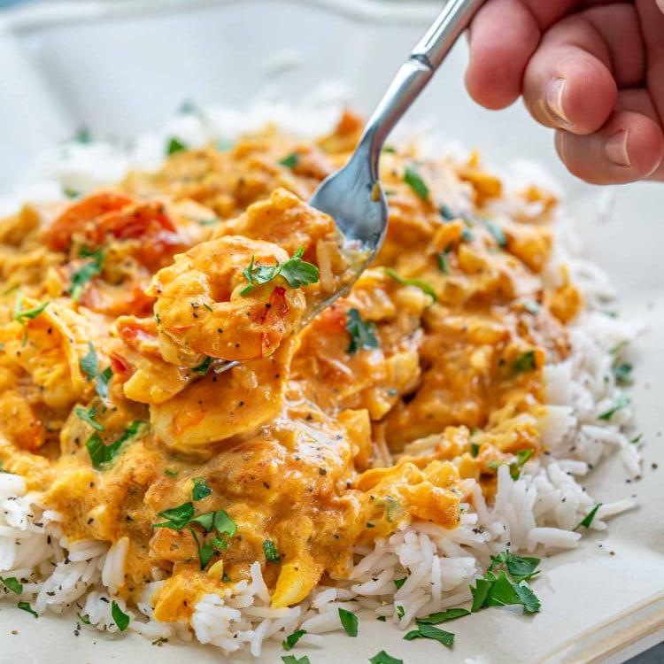 a serving of coconut shrimp curry on a bed of rice.