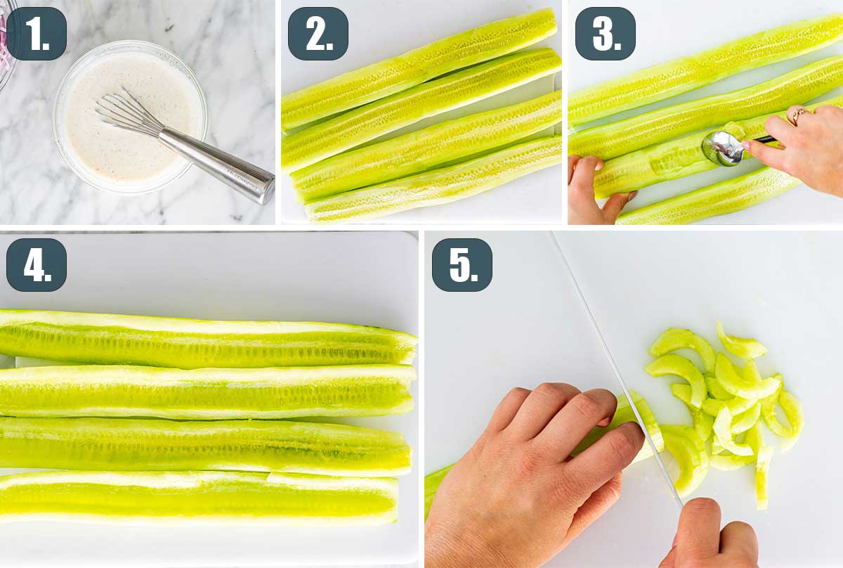 process shots showing how to prep cucumbers for creamy cucumber salad.