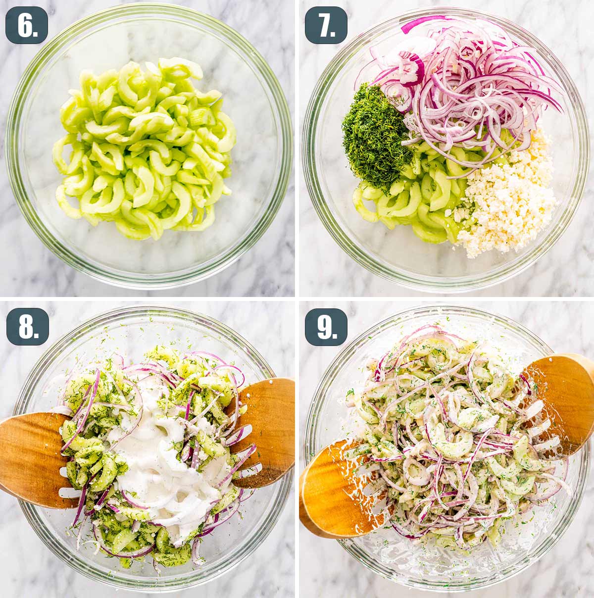 process shots showing how to mix creamy cucumber salad.