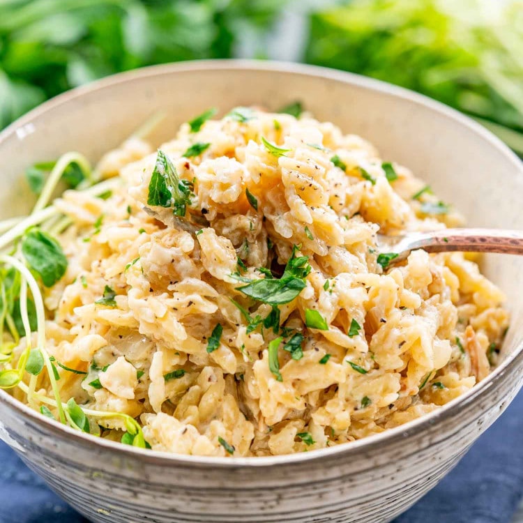 a bowl full of creamy garlic parmesan orzo garnished with a bit of parsley.