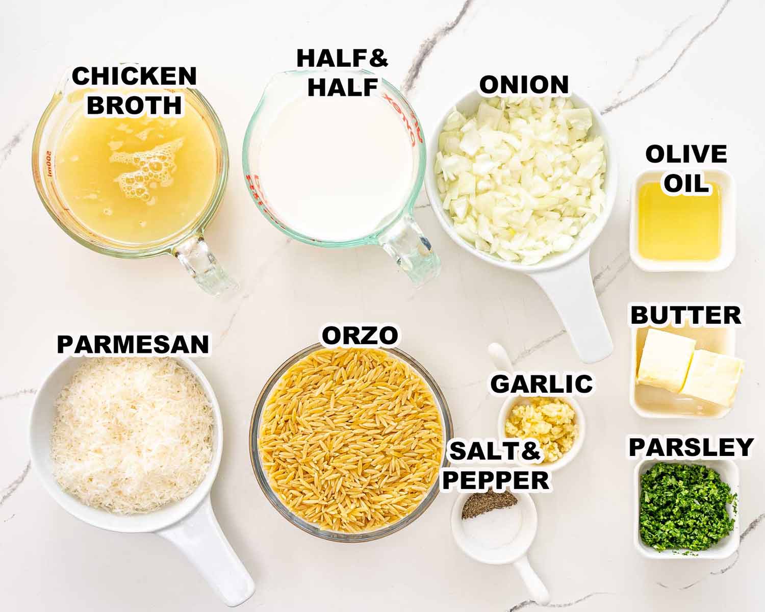 ingredients needed to make creamy garlic parmesan orzo.
