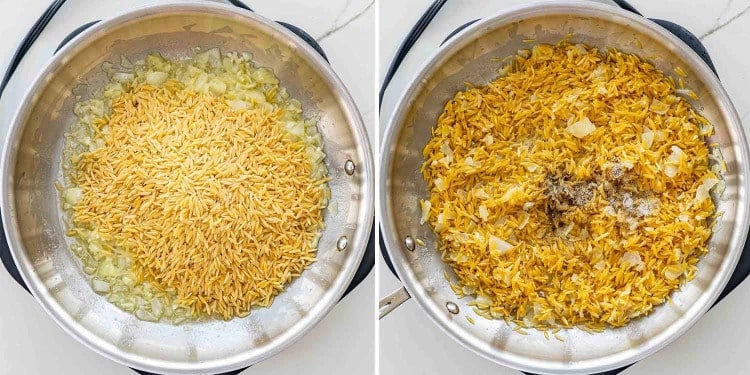 process shots showing how to make creamy garlic parmesan orzo.