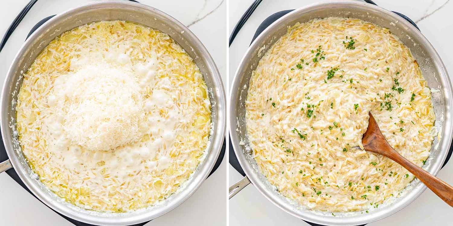 process shots showing how to make creamy garlic parmesan orzo.