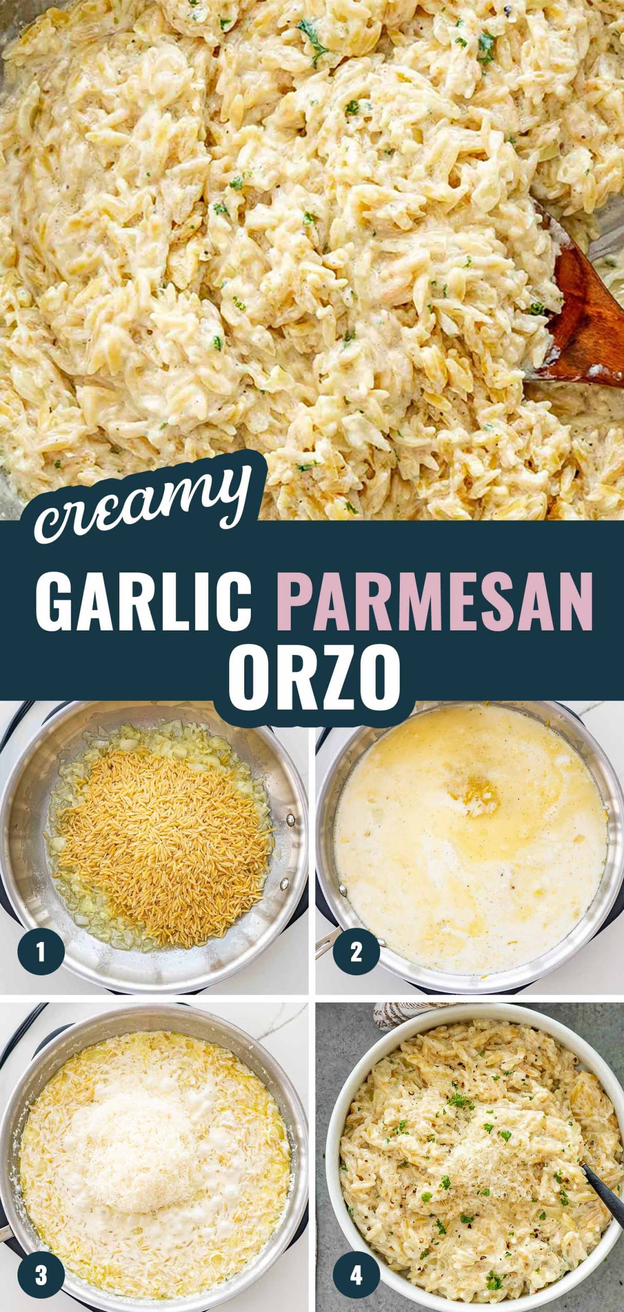 pin for creamy garlic parmesan orzo.