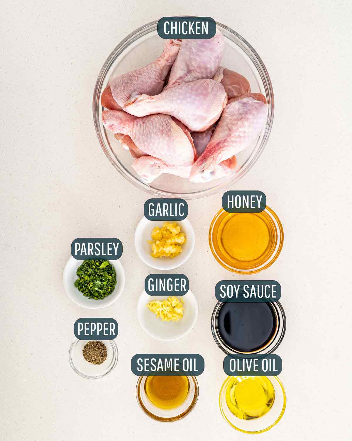 overhead shot of ingredients needed to make honey soy chicken.