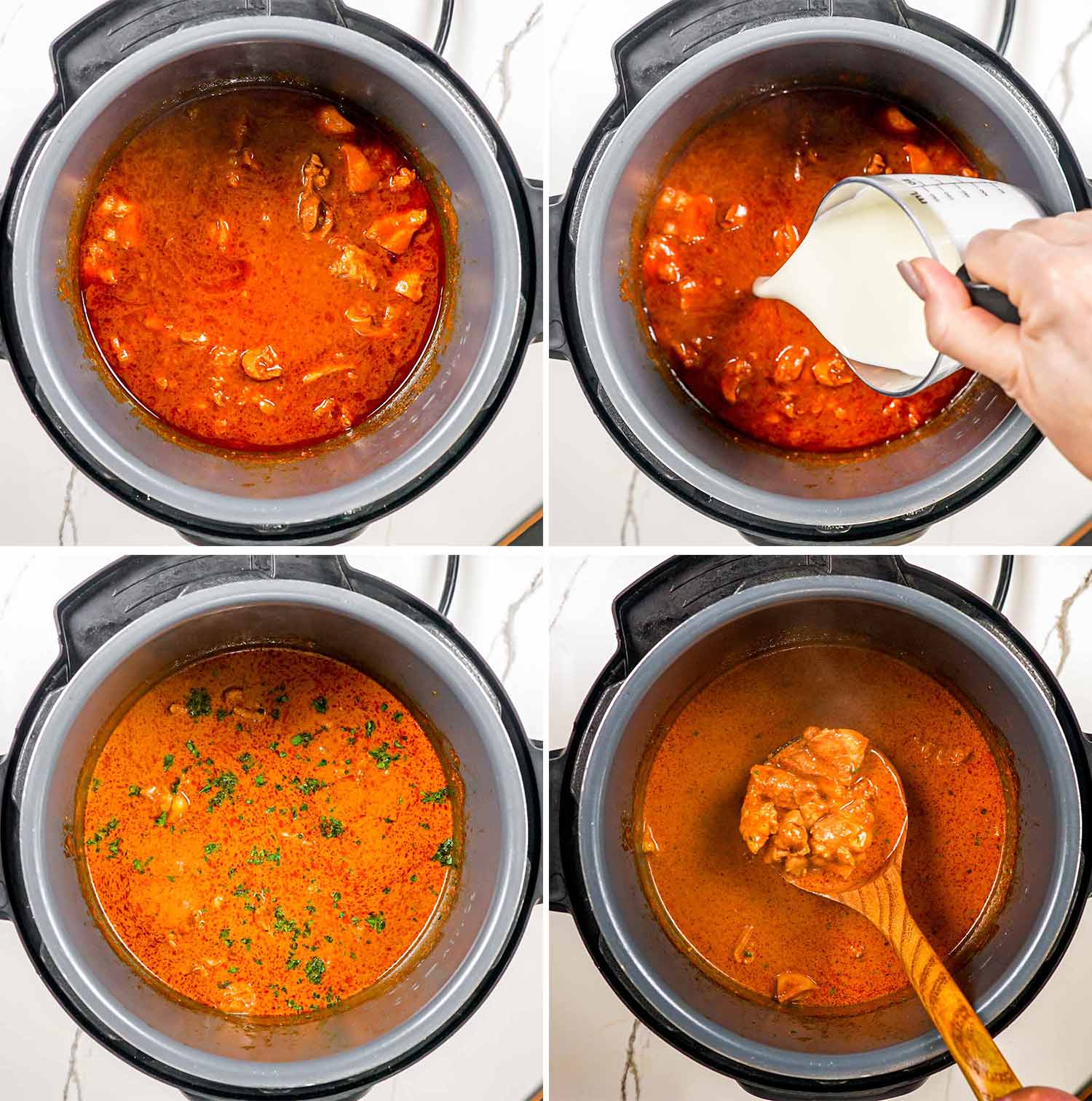 process shots showing how to make butter chicken in the instant pot.