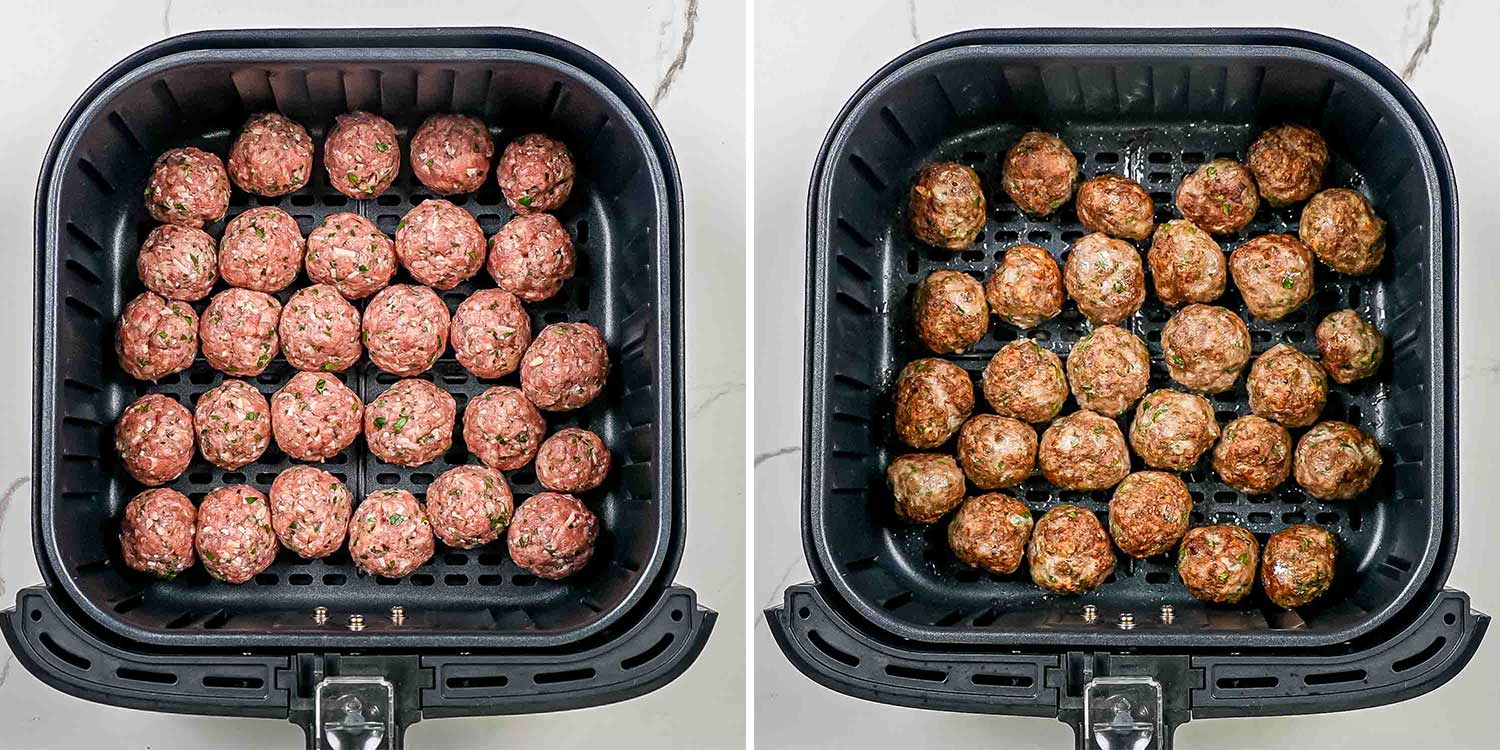 process shots showing how to air fry meatballs for italian wedding soup.