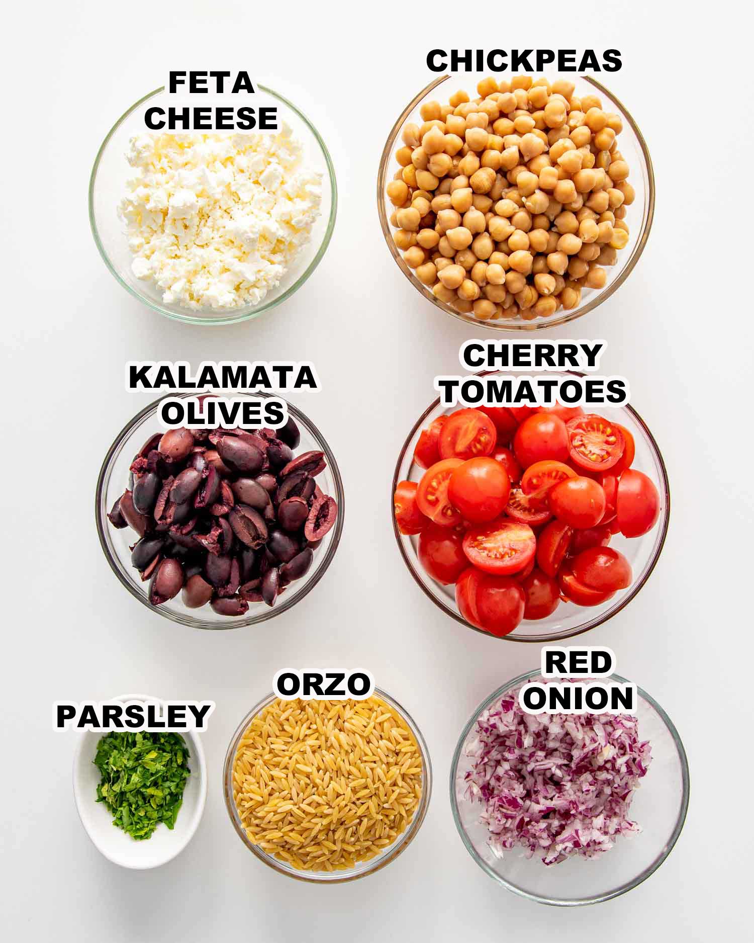 ingredients needed to make mediterranean orzo salad.