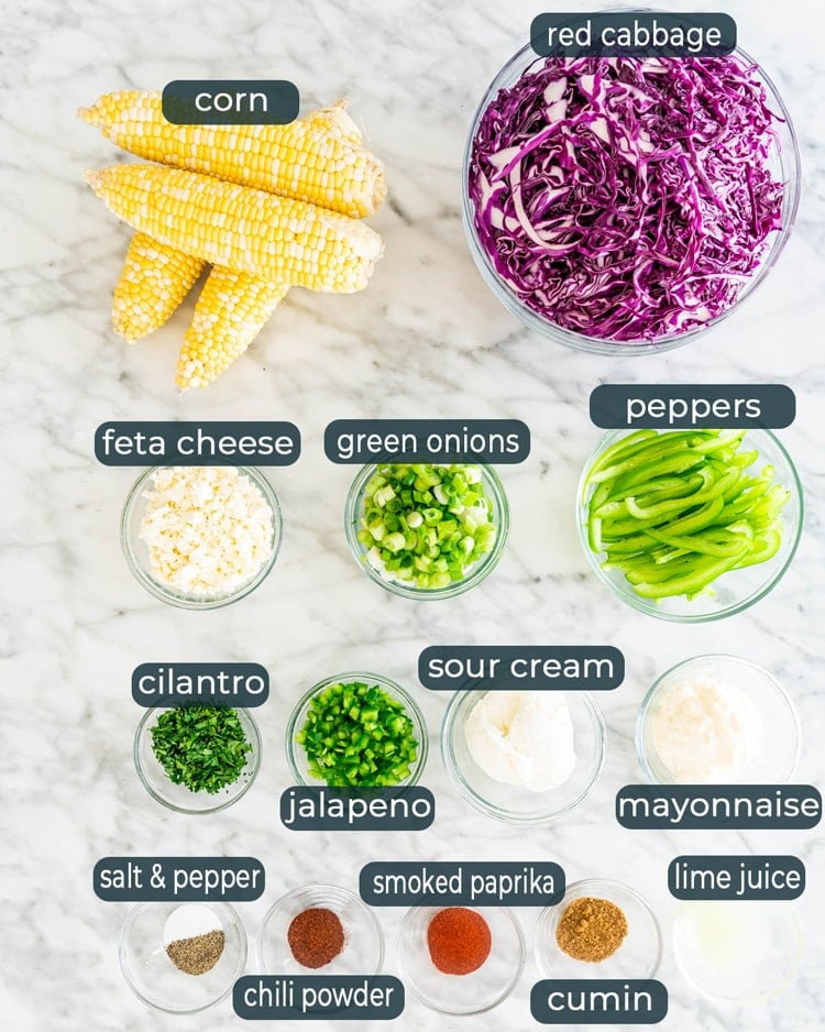 overhead shot of ingredients needed to make Mexican Street Corn Slaw