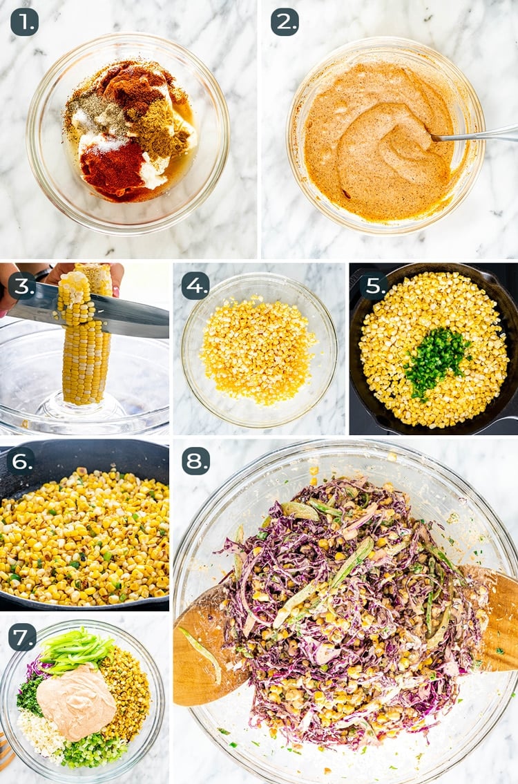 process shots showing how to make Mexican Street Corn Slaw