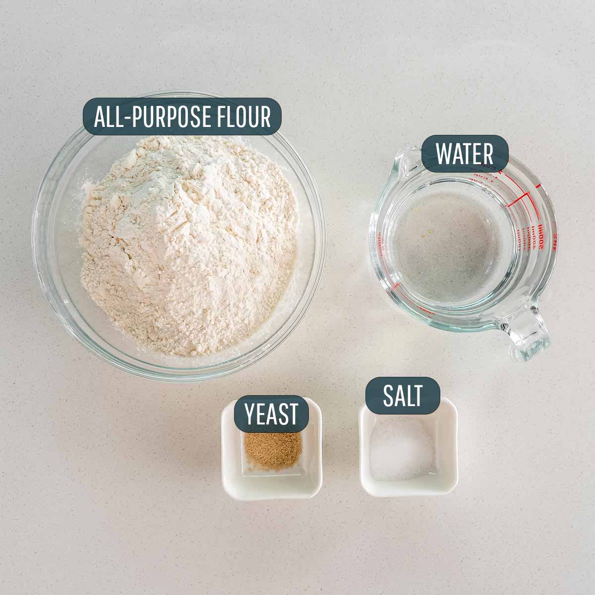 overhead shot of ingredients needed to make no knead bread.