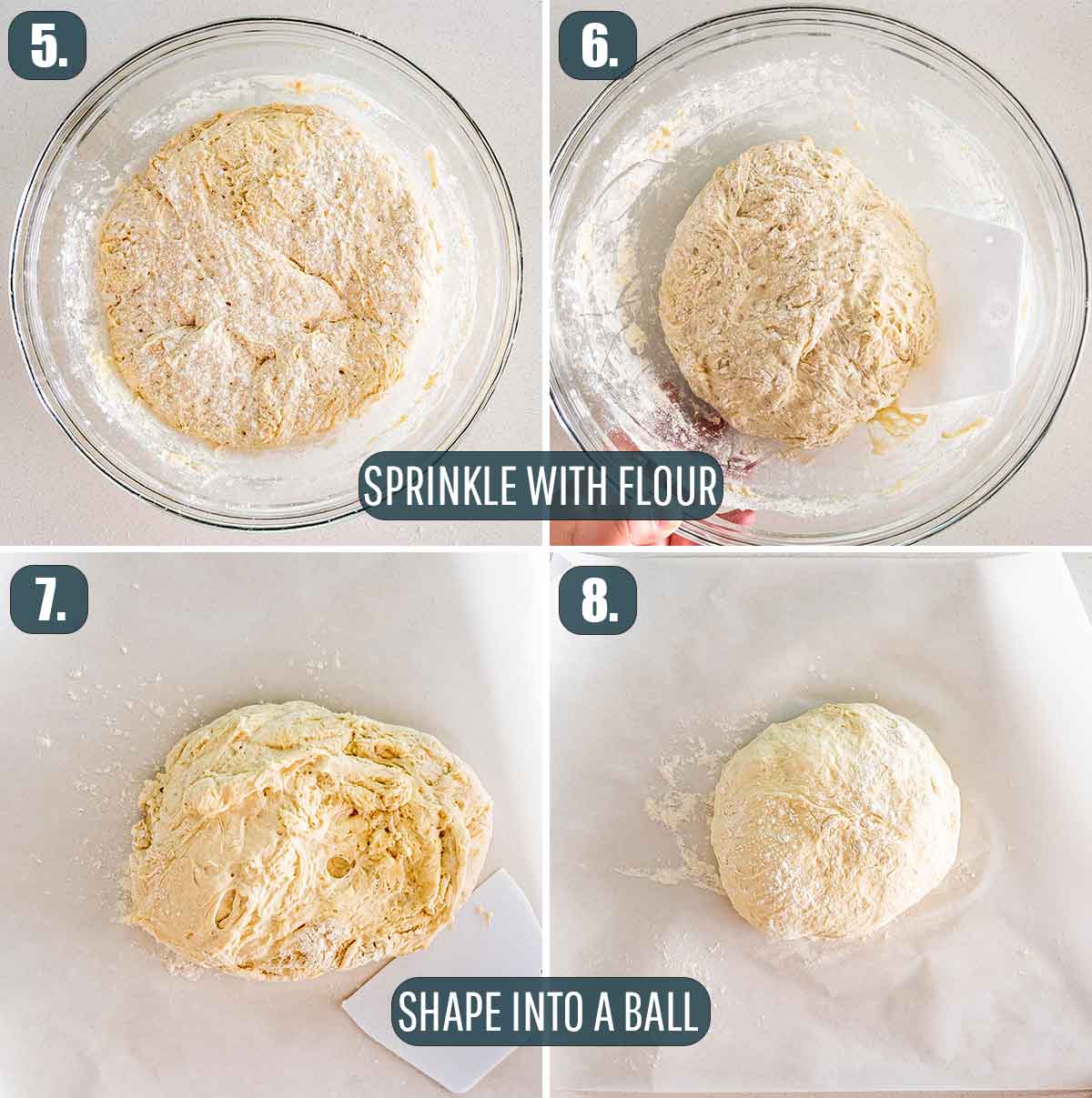 process shots showing how to shape dough for no knead bread.