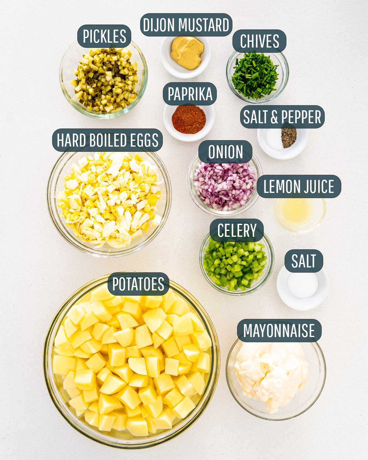 overhead shot of all the ingredients needed to make potato salad.