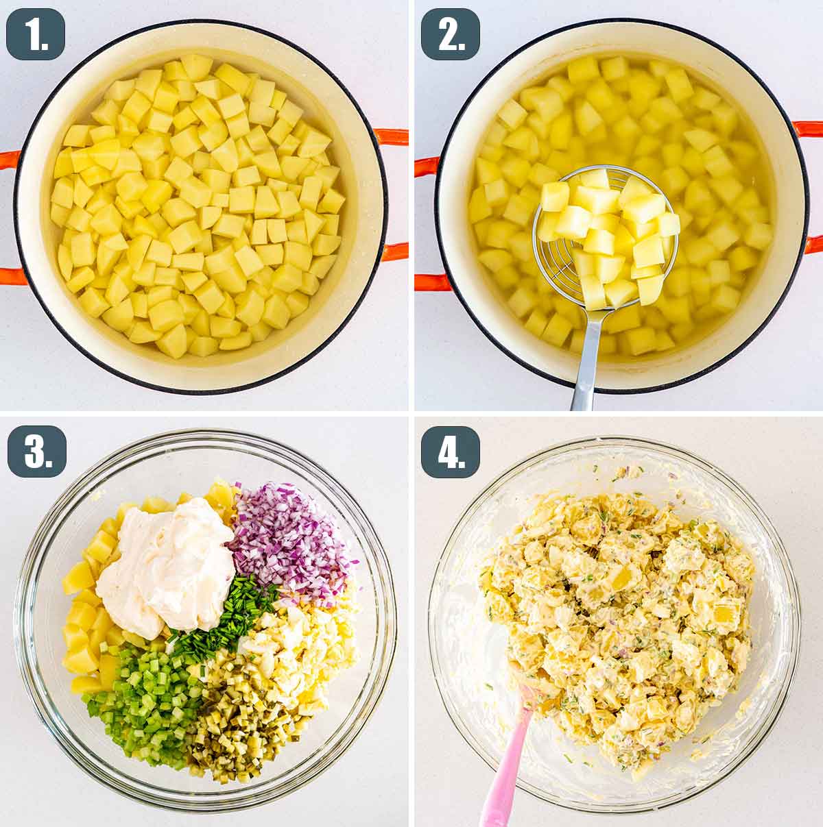 detailed process shots showing how to make potato salad.