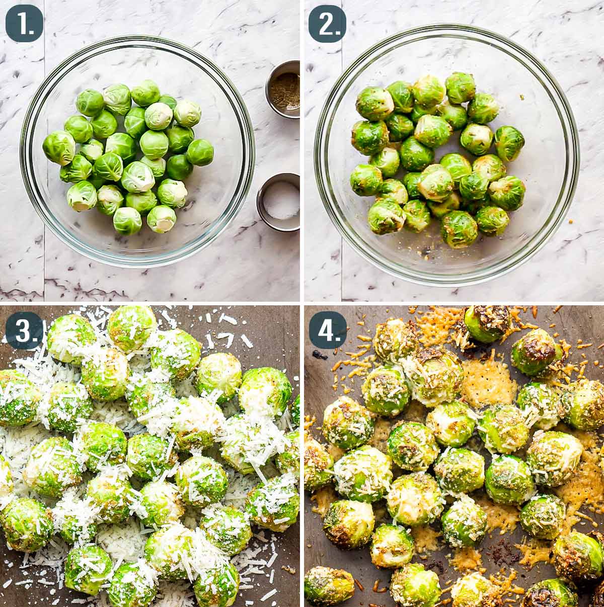 detailed process shots showing how to make roasted brussels sprouts.
