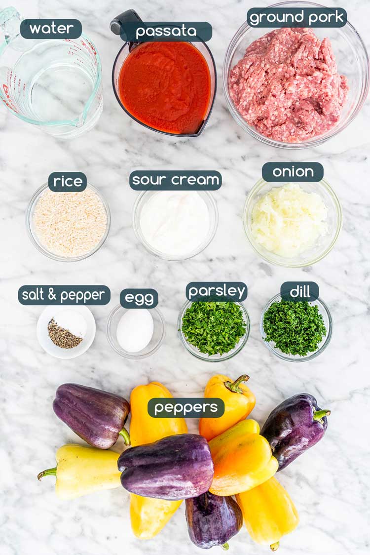overhead shot of all ingredients needed to make stuffed peppers