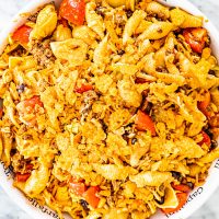 overhead shot of taco pasta salad in a large serving bowl