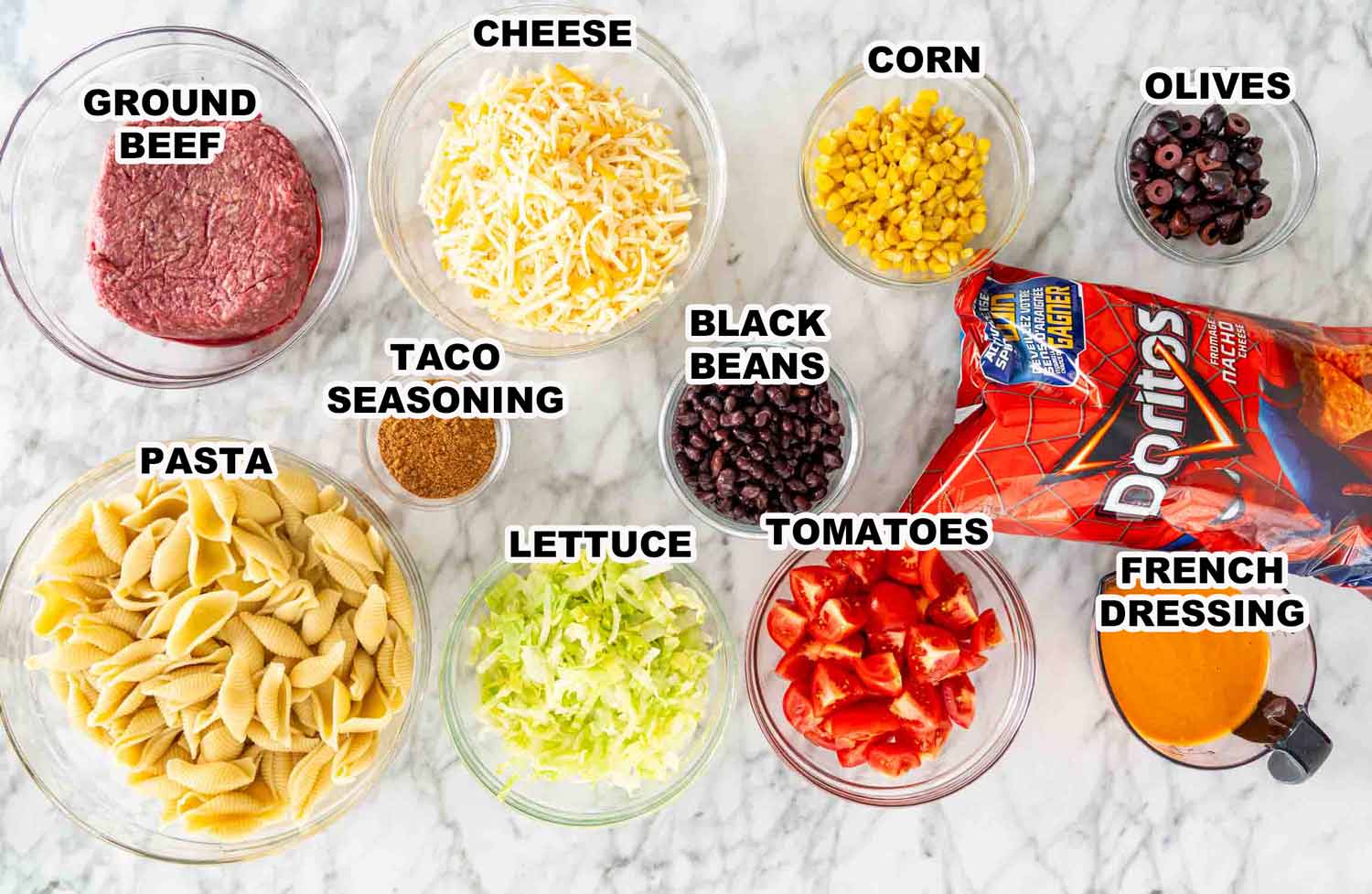 ingredients needed to make taco pasta salad.