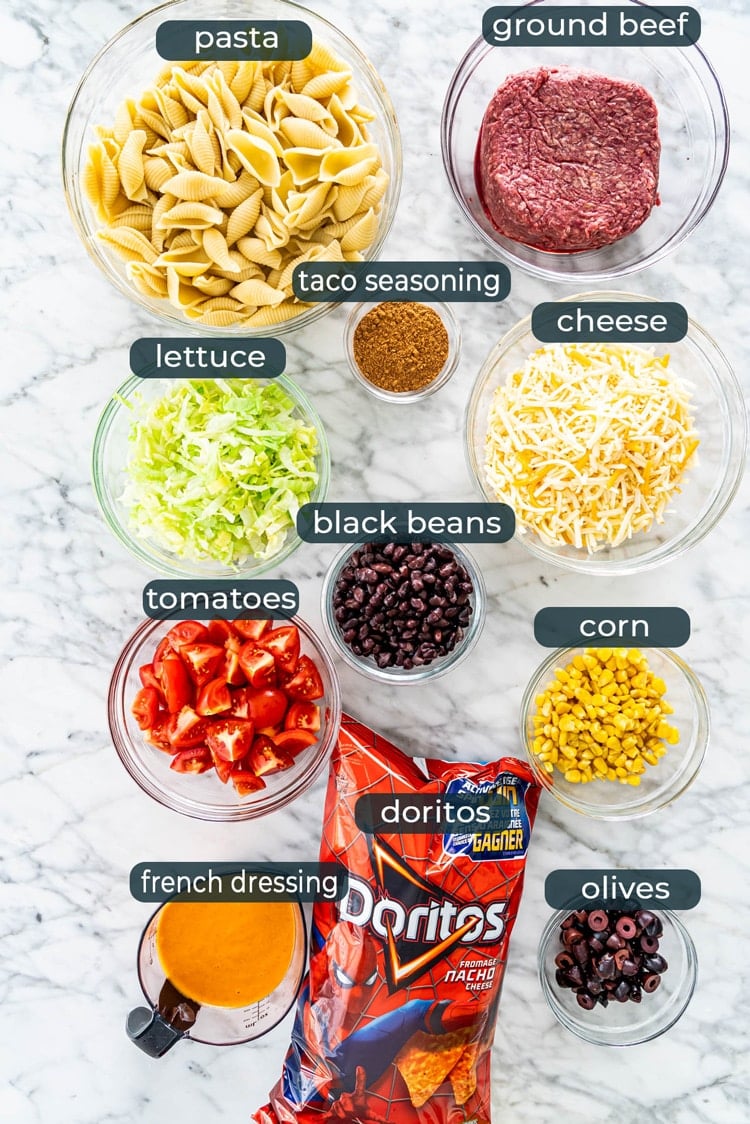 overhead shot of all ingredients needed for making taco pasta salad