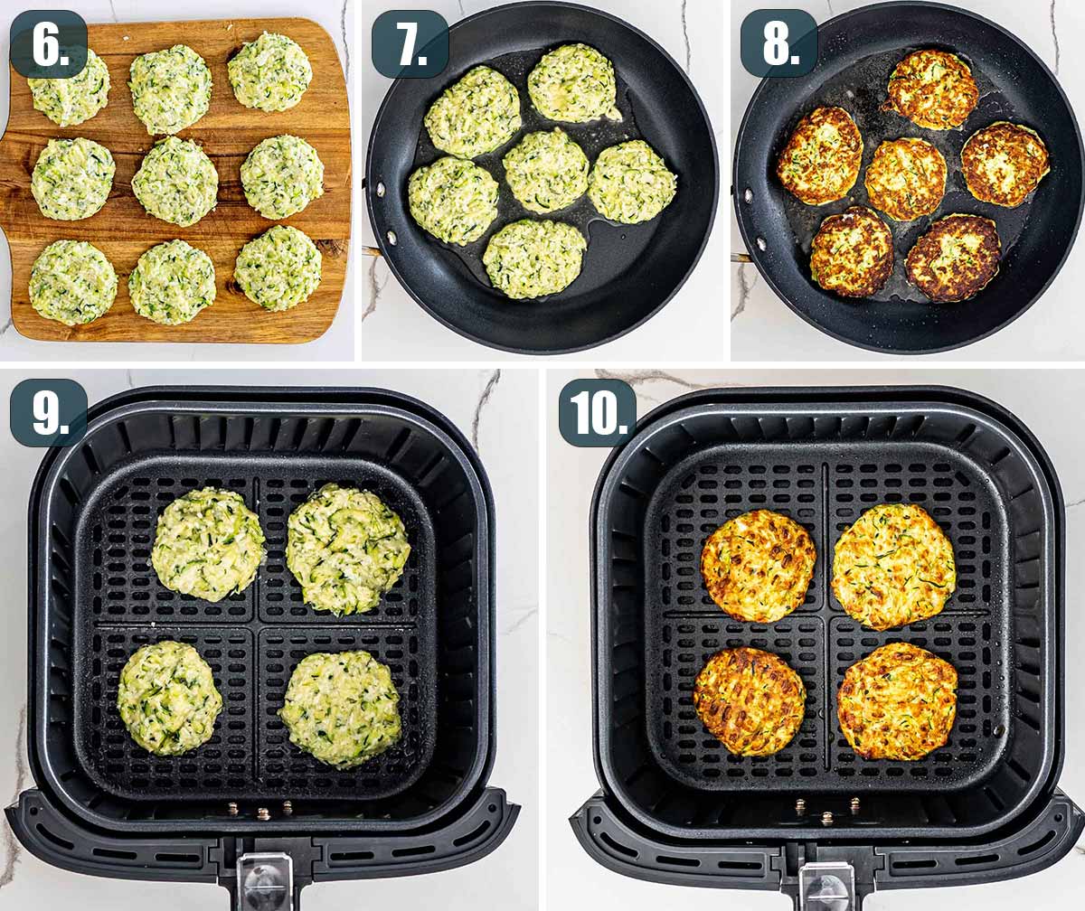 process shots showing how to fry zucchini fritters and how to air fry them.