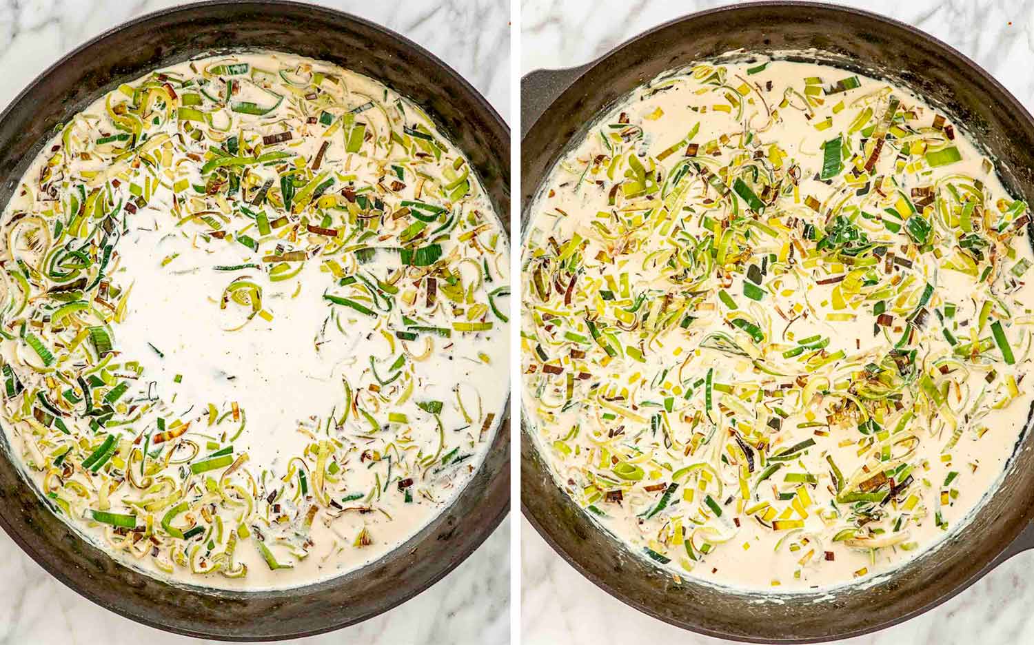 process shots showing how to make bacon leek pasta.