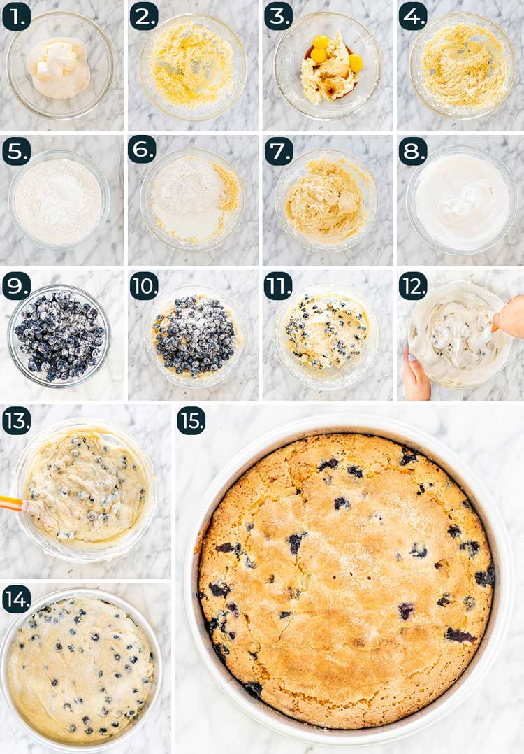 process shots showing how to make blueberry cake