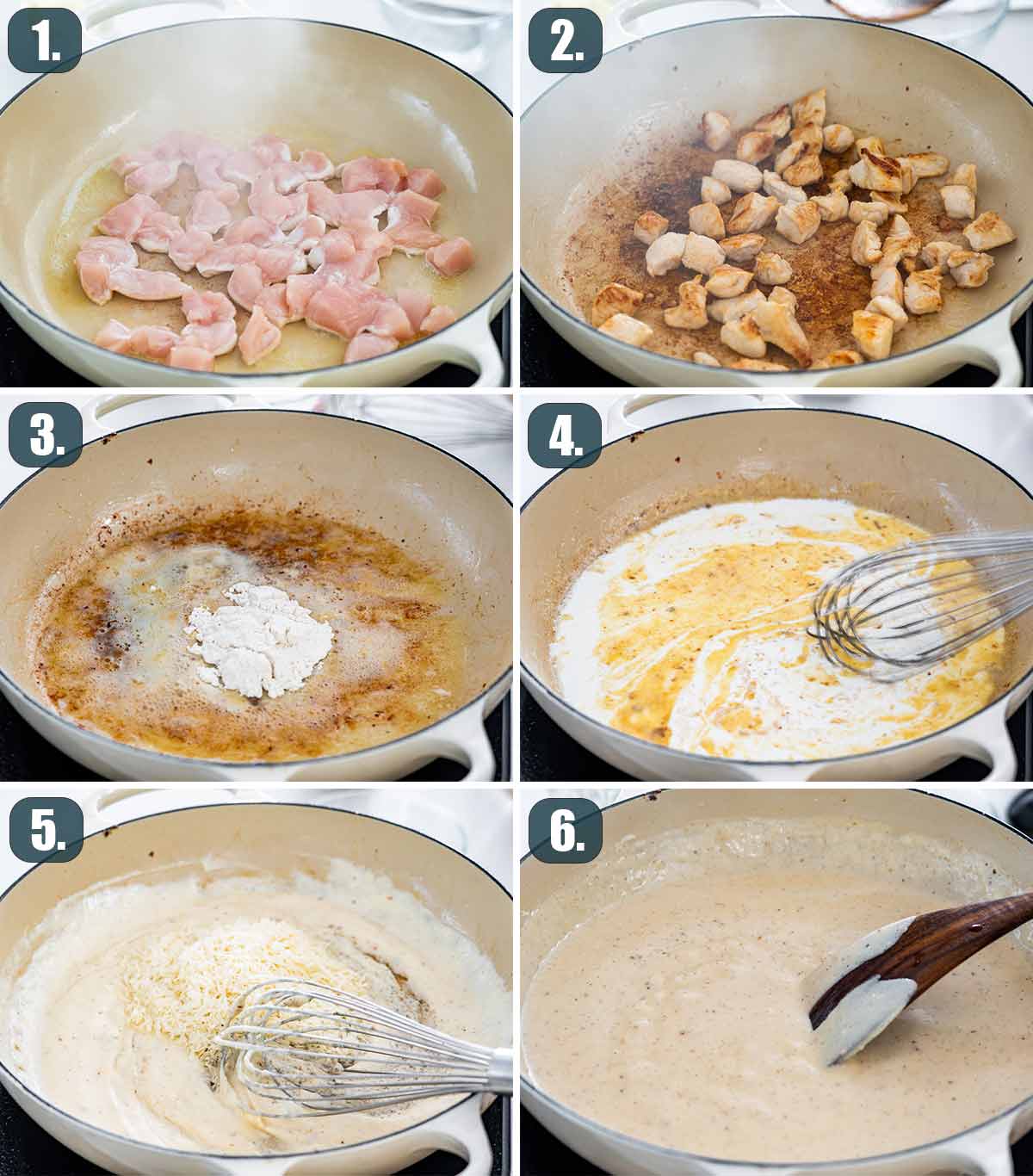 process shots showing how to cook chicken and make alfredo sauce.