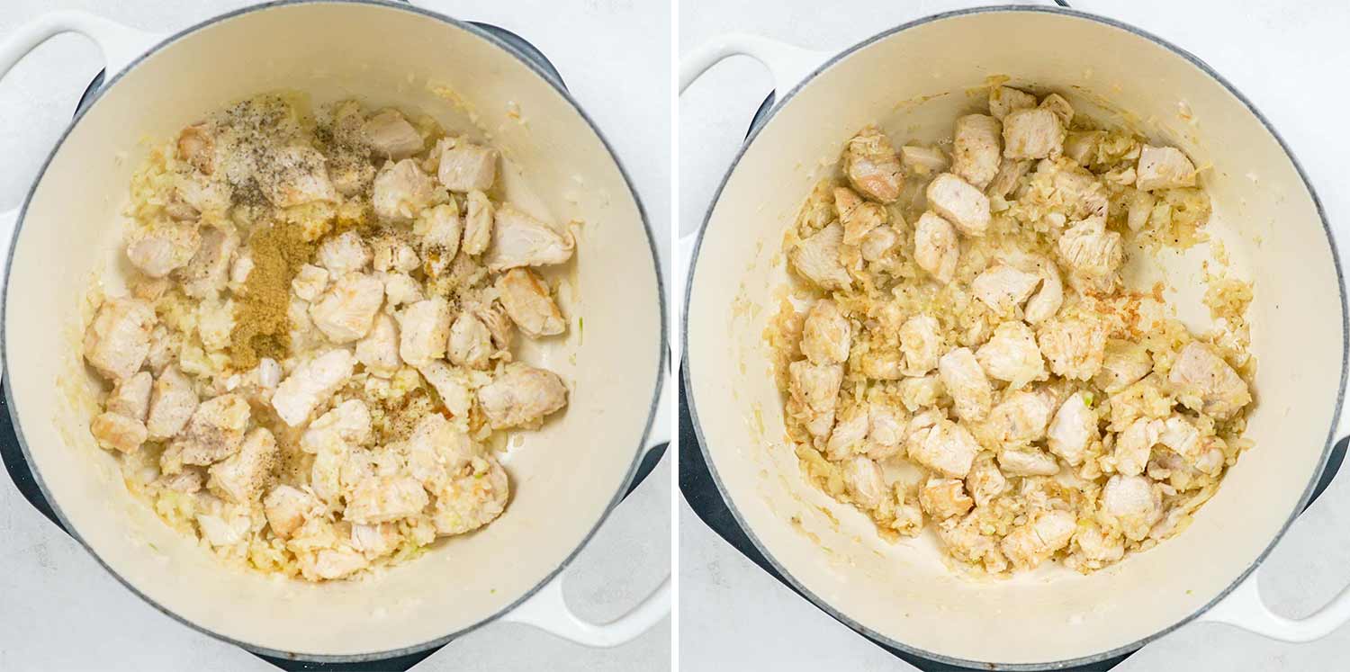 process shots showing how to make chicken and corn chowder.