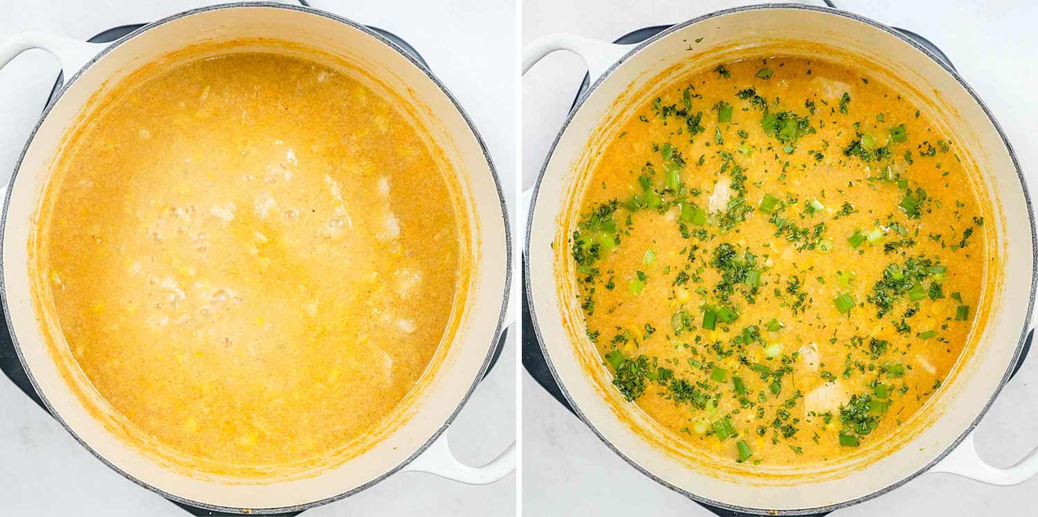 process shots showing how to make chicken and corn chowder.