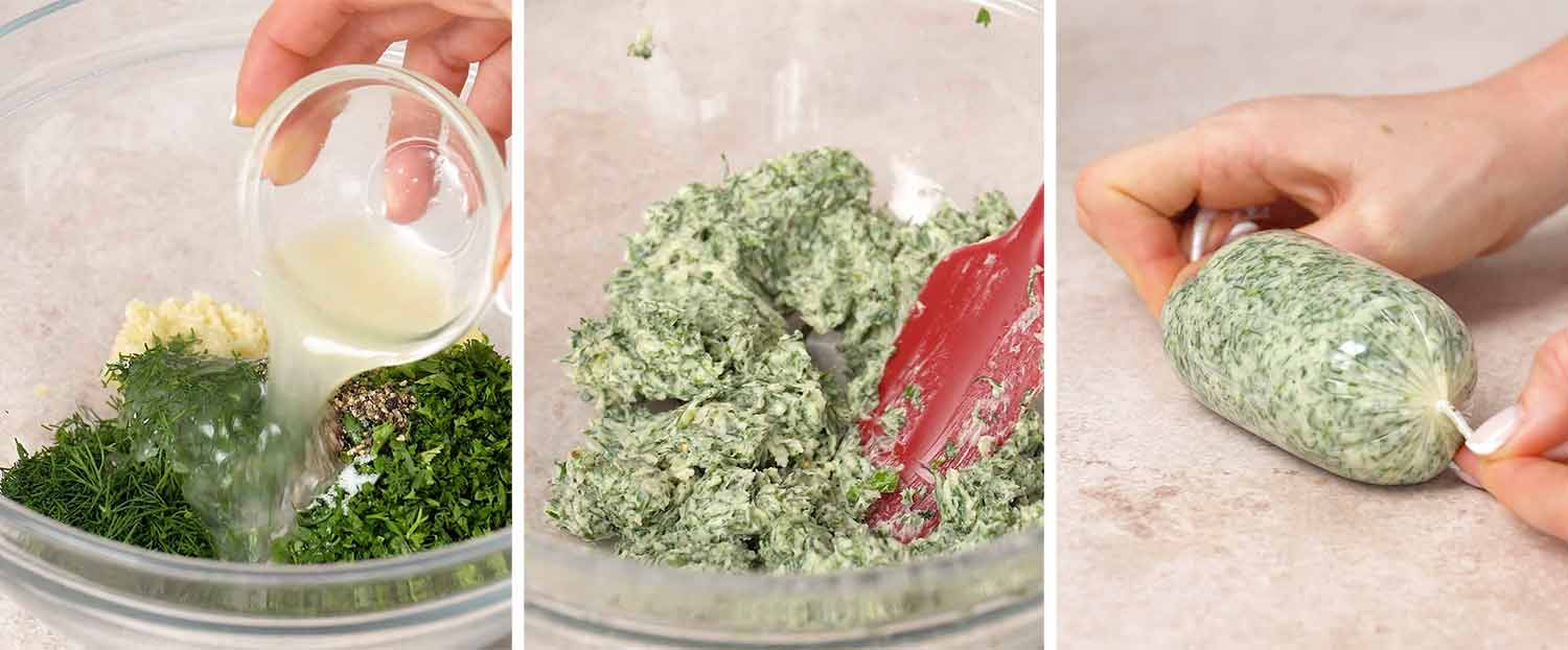 process shots showing how to make chicken kiev.