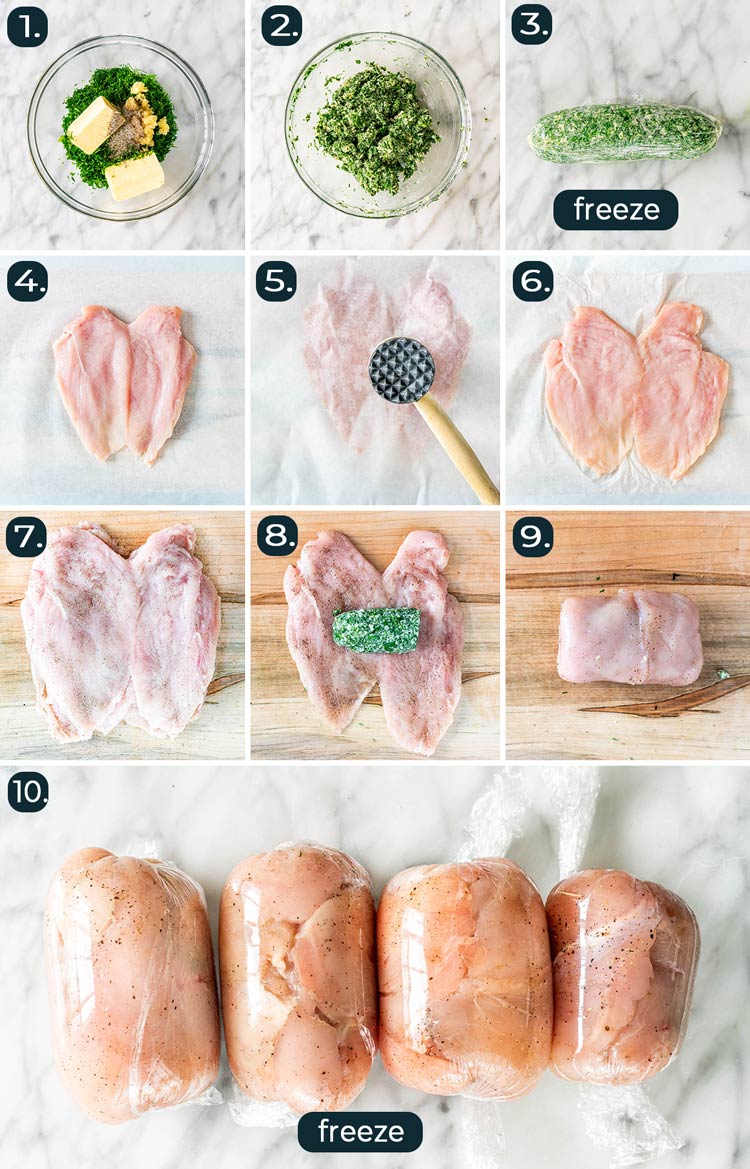process shots showing how to prep chicken kiev