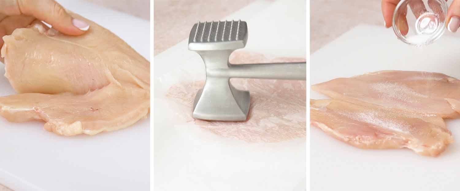 process shots showing how to make chicken kiev.