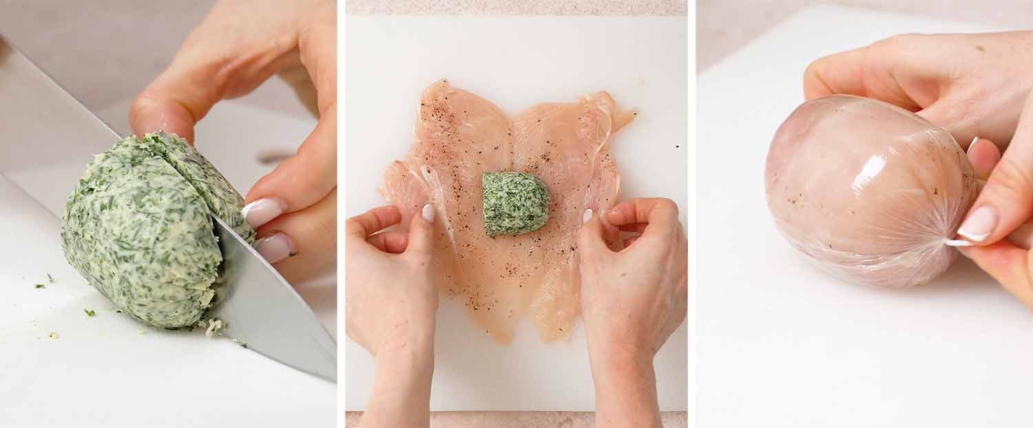 process shots showing how to make chicken kiev.