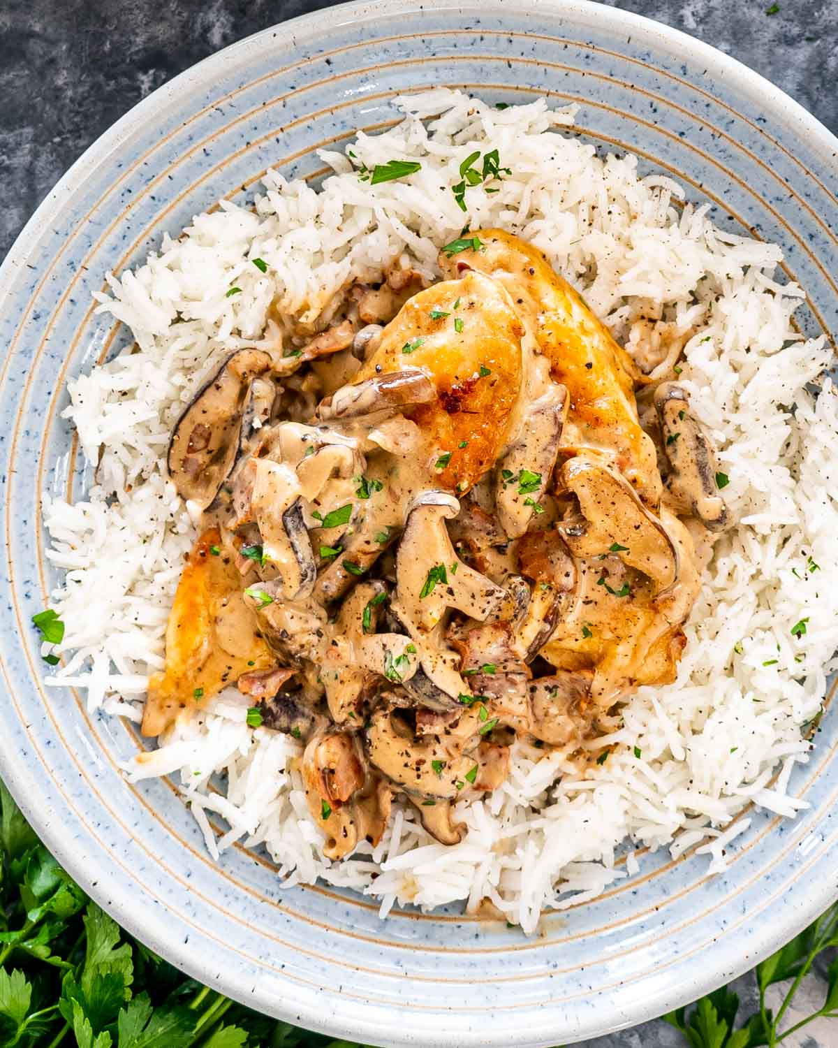 chicken marsala with a creamy mushroom sauce over rice.