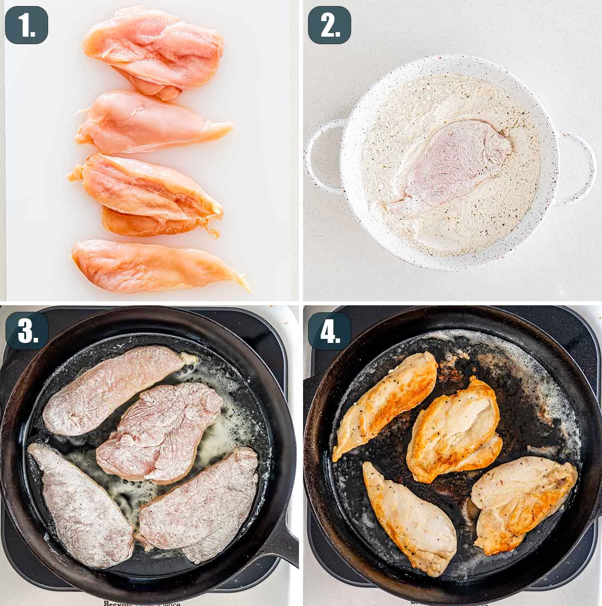 process shots showing how to prep and cook the chicken for chicken marsala.