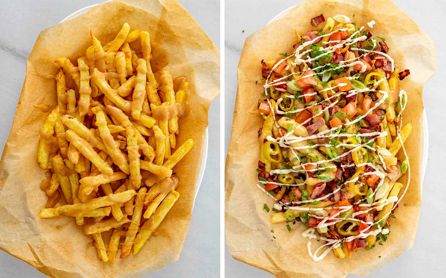 process shots showing how to make dirty fries.