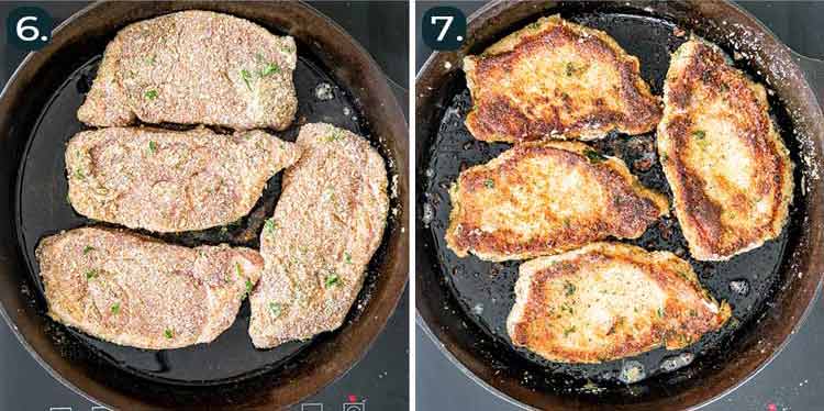 process shots showing how to make italian breaded pork chops.