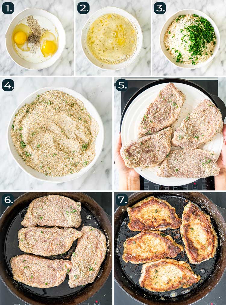 process shots showing how to make Italian Breaded Pork Chops