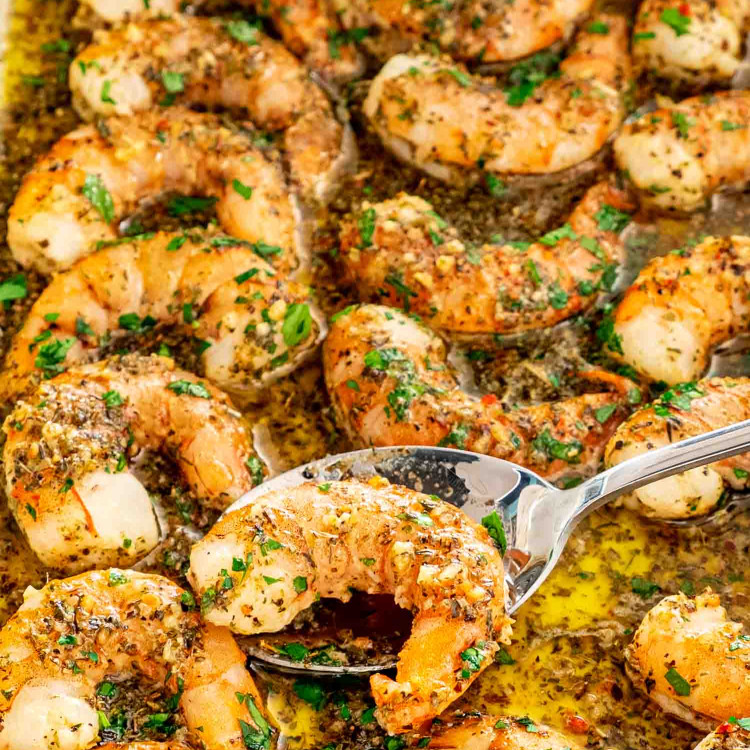 italian shrimp bake fresh out of the oven in a white casserole dish.